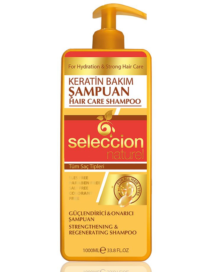 Seleccion Naturel Keratin Bakım Şampuanı 1000 ml; yıpranmış saçlar için keratin destekli bakım sunar, saçın daha pürüzsüz ve parlak görünmesine yardımcı olur.